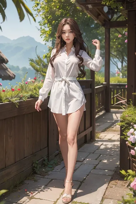 highest quality、4K、Perfect Face、Perfect Style、perfect body、Sunburn、beautiful lady、mature、long curly layer brown hair、Swept-back hair、full body, sexy 、charming、healthy、of the highest quality、8K、white Y shirt、Celestial Grotto、