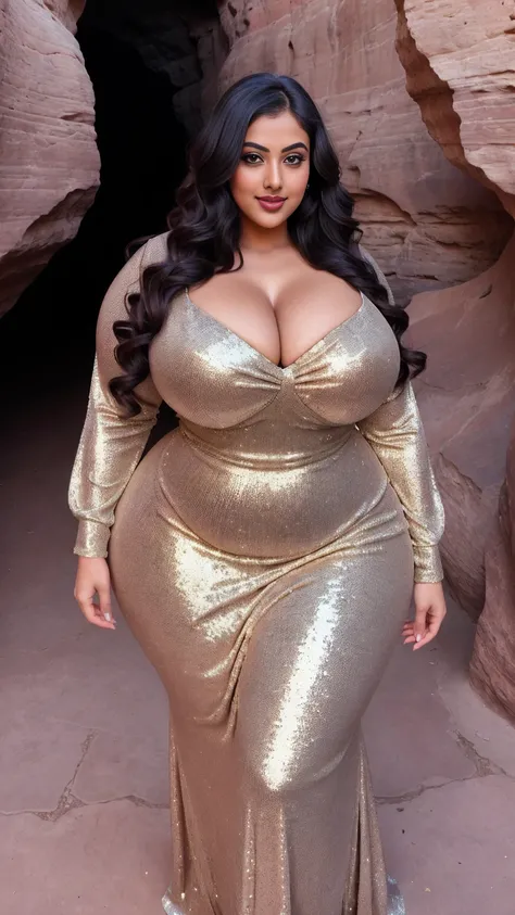 Indian gorgeous curvy plus size actress madhubala, glowing eyes, wearing Faeriesty Plus Mermaid Hem Sequin Formal Dress

Color: Champagne , covered Bust, parted lips, thick thighs, bigger waist, busty, curvy plus size body, full body, full body shot, head ...