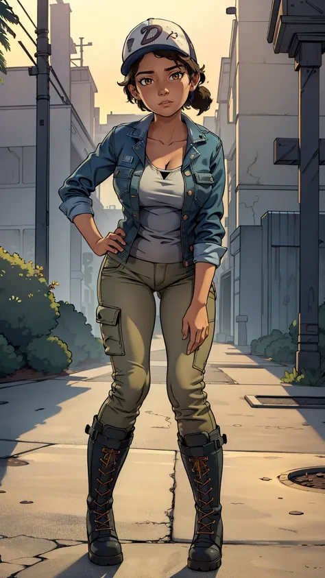 ((masterpiece, best quality)),(complex lighting) ,solo,(((1girl))) ,clementine, light skin,light-skinned female, baseball cap, green cargo pants, brown eyes, tight pants, combat boots, shirt, short hair, one short ponytail, open denim jacket, huge butt, th...