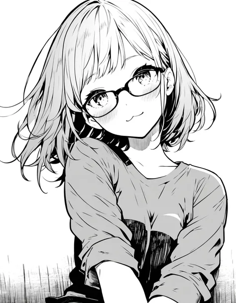 ultra-detailed:1.3, ultra delicate and detailed face:1.3, (absurdres, texture, masterpiece), thin line pen drawing, pixiv contest winner, by Posuka Demizu, dynamic manga-style illustration of slender girl with glasses is sitting, head tilt, blushing, :3,