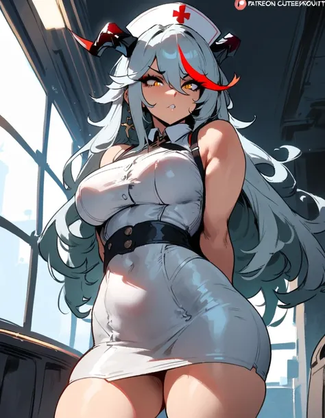 1girl, aegir (azur lane), azur lane  masterpiece, best quality, very aesthetic, absurdres, newest  sportive body,   by nyantcha,,by cutesexyrobutts,by khyle ///// white hair with a single prominent red streak, black horns, yellow eyes,  , white background,...