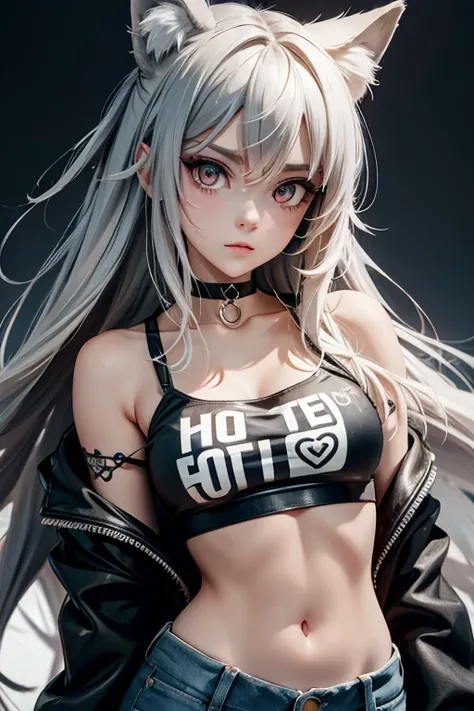 1girl, fox girl, gray hair, long beautiful hair, red eyes, (ultra detailed eyes), ripped jeans, medium large bust, off shoulder, bra strap, punk t shirt, croptop, choker , tattoo, rock concert, inside, masterpiece, best quality, very aesthetic, newest