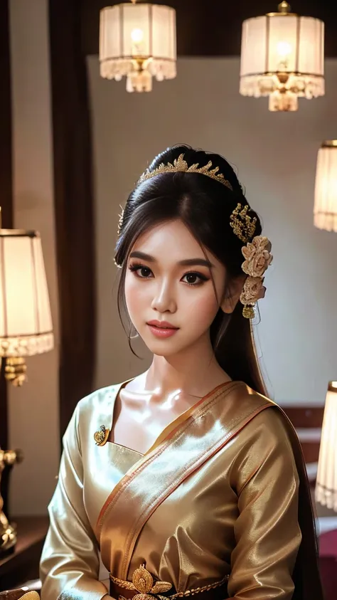 masterpiece, highest quality, HDR, high contrast, ((beautiful girl, Thai Female Soldier)), bun hair, highly detailed lips, detailed eyes, double eyelid, Make-up face. ((flchut thai dresses, strapless shirts)), just showing his face. pretty face. captivatin...