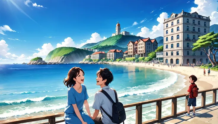 Under a refreshing blue sky、Mont、Sea side、Old building in the background、Young people、Watching the ocean with my wife and son。Everybodys laughing。