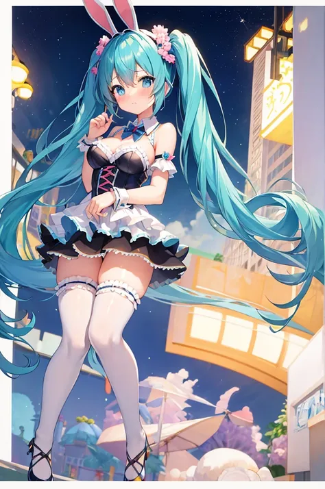 masterpiece、Best image quality、Ultra-high resolution、miku hatsune、Blue Hair、Twin tails、Blushing、Cute and shy、Bunny Girl Costume、Chest wearing rabbit ears headgear、Shapely breasts、Women&#39;s Tights、night