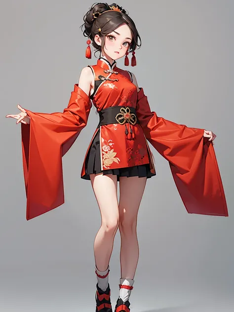 Costume，Chinese Tang Dynasty women，Short skirt，Standing，Show your shoulders，Show your arms，Show your thighs，Embroidered shoes，Ball head hairstyle，whole body，Hands hanging down，Blank Background