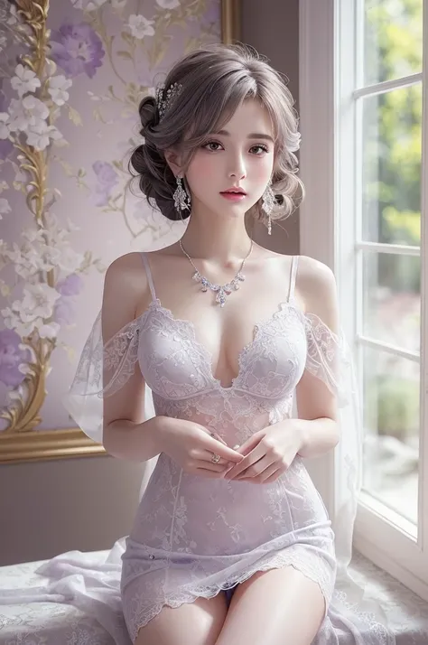 purple lace thong&Good, (((Very elegant and beautiful, Perfect detail, Super detailed))), whole body, The most detailed girl, Depth of written boundary, 美しく詳細なwhole body, Thin legs, 1 girl, 30 years old, Very short hair, Spiked Hair, Gray and silver hair, ...