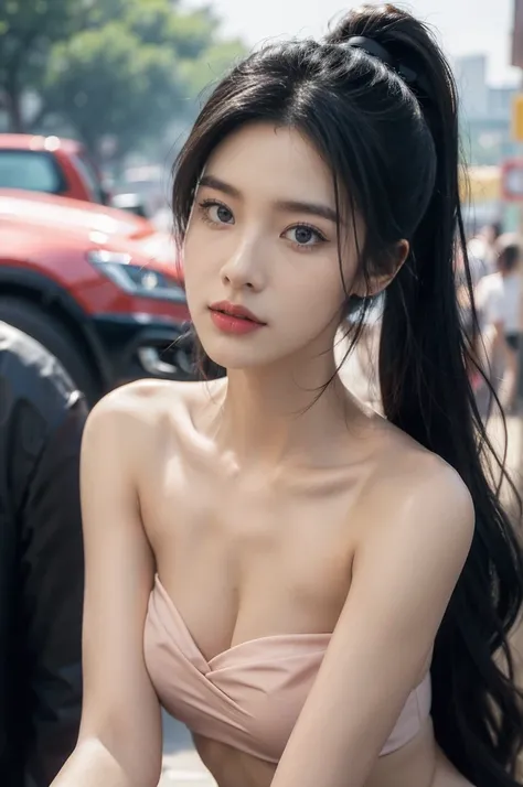 (((best quality))),(((ultra detailed))),(((masterpiece))),illustration,1girl,slim,sun-kissed skin,strapless vibrant rose-pink bra,short ponytail,flat chest,standing, bustling city streets, honking cars,surrounded by crowded crowds, colorful advertisements,...