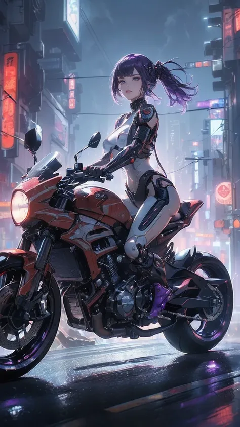 (Female cyborg on a bike)(((8K.HDR.Hyperrealism、Masterpiece 1.2、wlop1、Cinematic、Further content、Live Photo 1.2、Highest quality 1.2、Ultra high definition、Very detailed、Perfect Shading、Low angle full body shot 1.2、1 photo、Commercial Photo 1.2、50mm、Film Grain...