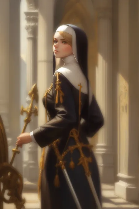 Generate a art of a nun fighter, blue nun attire,Beautiful blonde hair, majestic face, beautiful skin, green eyes, with white wings behind her back, standing behind a cathedral, holding a spear.