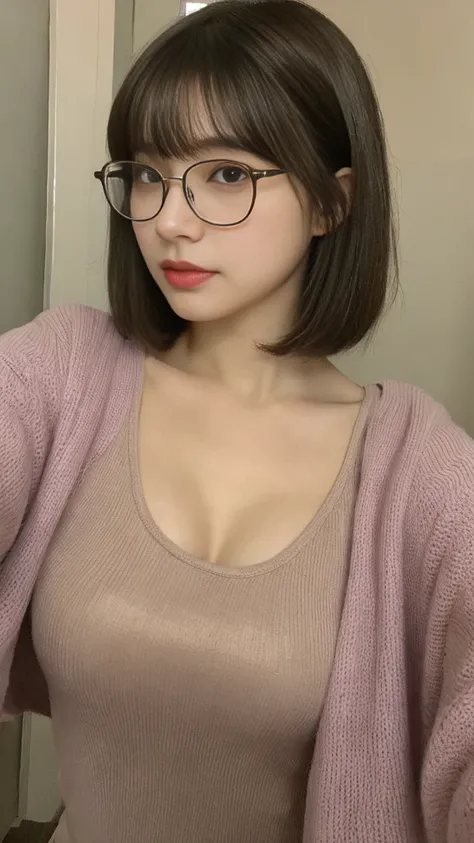 （Actually，  High resolution：1.3）， 1 cute girl with a perfect body， Slim face and eyes , big tits , In House , Wearing Glasses, bangs haircut 