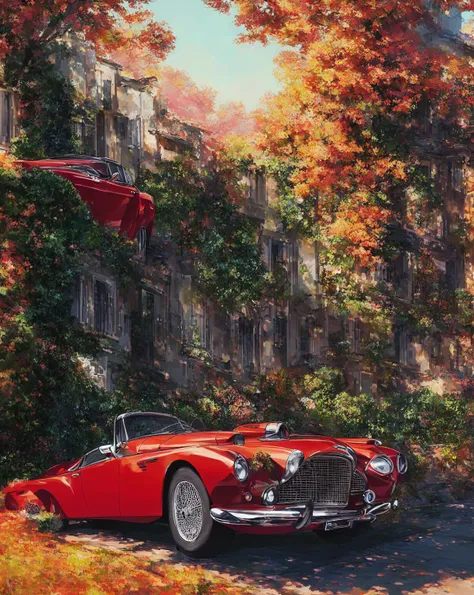 there is a red car parked in front of a large house, vintage aston martin, highly detailed hyper real retro, hyperrealistic fall, 4k highly detailed digital art, 8k stunning artwork, detailed painting 4 k, hd art, inspired by Art Frahm, in the art style of...