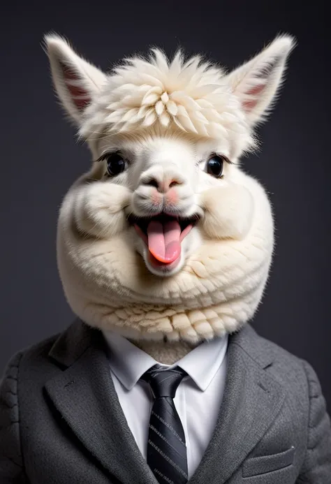 face close up photo of anthropomorphic fat cute white alpaca,(furry), dressed in a dark gray suit, (sticking out tongue:1.5),(happy smile:1.5),(Innocent), roomlighting, Cinematic, hdr, primitive, Intricate, High quality, smoothing tones, Intricate details,...