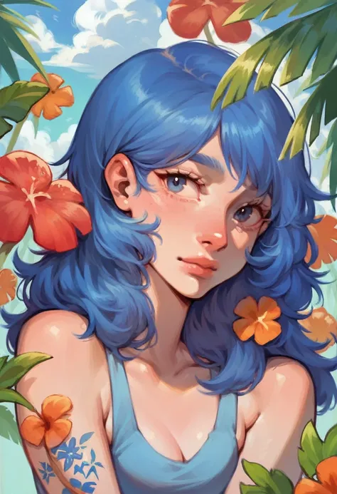 girl, blue hair, medium hair, blue eyes, joint, hawaii without style, blue hawaii, long hair