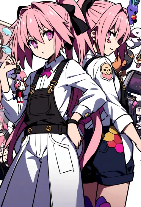 (((Fate Grand Order))) Astolfo has a slender build with striking pink hair that he often keeps tied back in a ponytail. He wears a standard-issue engineer uniform modified with a few personal touches, such as colorful patches and pins. His eyes are a capti...