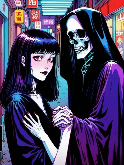 illust、art、from 80s horror movie, directed by Junji Ito、A woman holds hands with the Grim Reaper on a date、、high detail, realsitic shadow、Analog style, vhs style, 8mm film, chromatic aberration, Dvd screengrab、Blue-purple and red-purple gradation、Surrealis...