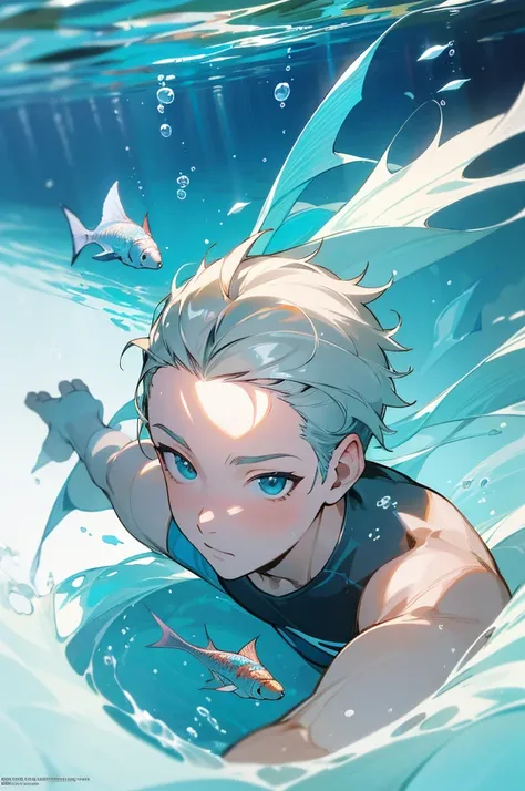 highres, masterpiece, perfect anatomy, best quality,8k, perfect face, expressive eyes, 1boy, underwater, happy, swimming underwa...