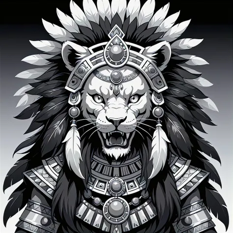 mictecacihuatl lion god of death black and grey vector style , highly detailed lion as face with feather headdress 