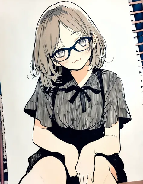 ultra-detailed:1.3, ultra delicate and detailed face:1.3, (absurdres, texture, masterpiece), copic drawing, pixiv contest winner, by Posuka Demizu, dynamic manga-style illustration of slender girl with glasses is sitting, head tilt, blushing, :3,