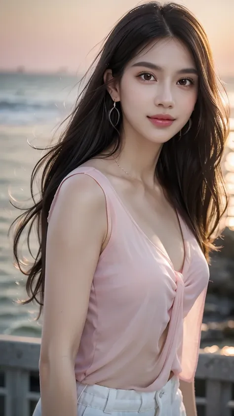 8K resolution，Best picture quality，Sea view，High-rise，The seaside at dusk，The sea is rough，Backlight，Fashion Girl，Loose black hair，Hair，Smooth hair，Feather hair accessories，With clavicle，Beautiful subtle makeup，Exquisite and perfect facial features，The mos...