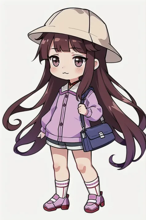 Concept art, original character design, Q version of characters, 1girl, 独奏, Light purple long hair, chibi, brown eyes, bag, hat, white background, simple background, bangs,, full body, holding, :3, shorts, shoes, long sleeves, blunt bangs, roma (kancolle),...