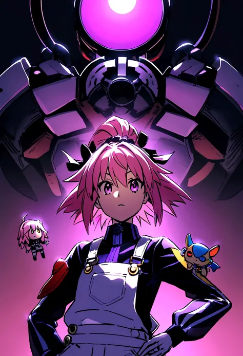 (((Fate Grand Order))) Astolfo has a slender build with striking pink hair that he often keeps tied back in a ponytail. He wears a standard-issue engineer uniform modified with a few personal touches, such as colorful patches and pins. His eyes are a capti...