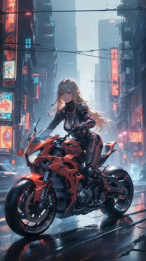 (Female cyborg on a bike)(((8K.HDR.Hyperrealism、Masterpiece 1.2、wlop1、Cinematic、Further content、Live Photo 1.2、Highest quality 1.2、Ultra high definition、Very detailed、Perfect Shading、Low angle upper body shot 1.2、1 photo、Commercial Photo 1.2、50mm、Film Grai...