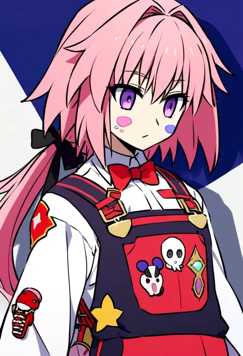 (((Fate Grand Order))) Astolfo has a slender build with striking pink hair that he often keeps tied back in a ponytail. He wears a standard-issue engineer uniform modified with a few personal touches, such as colorful patches and pins. His eyes are a capti...