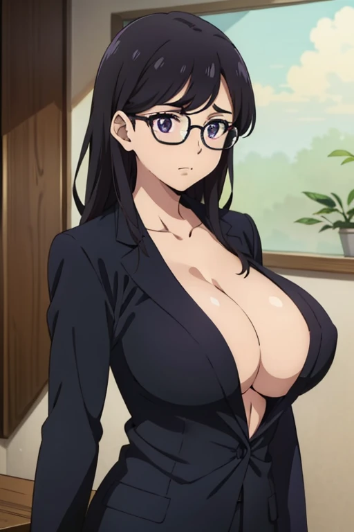 anime cels style, best quality, high resolution,1girl, minakatahizuru, (black hair:1.1), (purple eyes:0.7), (black-framed eyewear:1.3), (huge breasts:1.2), cleavage, black jacket, black suit