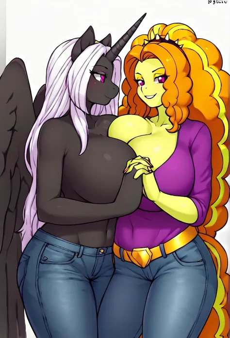  Alicorn princess female and Adagio Dazzle  , white mane, ,black body color  long flowing  mane pink  eyes anthro huge breasts  , lesbians sexy  jeans ,perfect body shape, love couple holding hands 
Married 