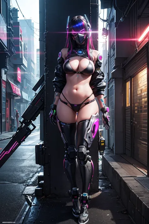 sexy pose, cyberpunk girl, skimpy multicolor robot bikini thong, robot mask, futuristic, intricate details, mechanical elements, neon lights, dark atmosphere, glowing eyes, chrome, hyper-realistic, cinematic lighting, masterpiece, 8k, photorealistic