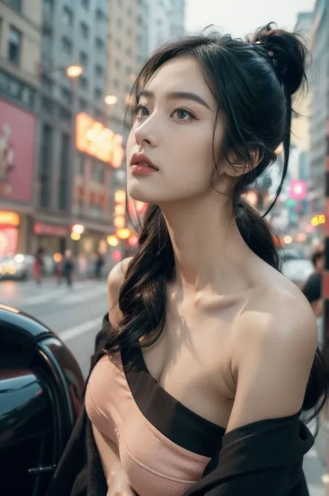 (((best quality))),(((ultra detailed))),(((masterpiece))),illustration,1girl,slim,strapless vibrant rose-pink bra,short ponytail,flat chest,standing, bustling city streets, honking cars,surrounded by crowded crowds, colorful advertisements,grilled skewers,...