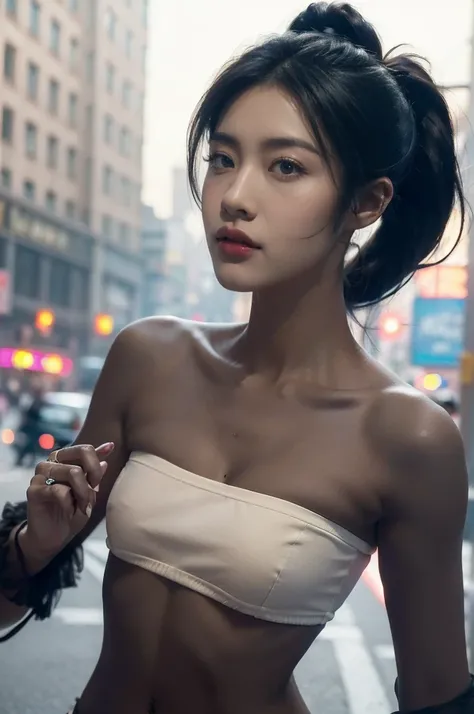 (((best quality))),(((ultra detailed))),(((masterpiece))),illustration,1girl,slim,strapless vibrant rose-pink bra,short ponytail,flat chest,standing, bustling city streets, honking cars,surrounded by crowded crowds, colorful advertisements,grilled skewers,...