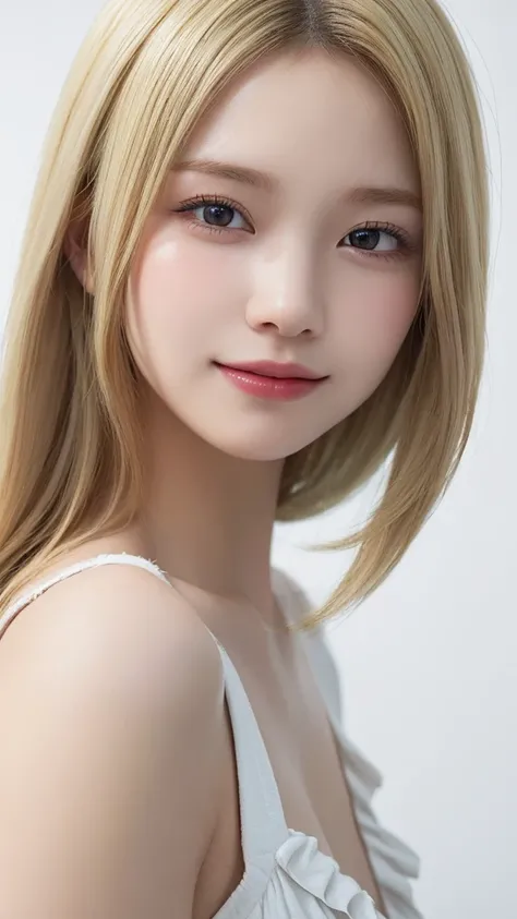 (((Blonde、forehead、Blonde、White background)))、An innocent 18-year-old girl、((Frills、race、tight、Blonde、forehead、Dramatic Pose))、smile、Long Hair、White background、RAW Photos、(8K、Highest quality、masterpiece:1.2)、(Exquisite detail:1.4)、(Realistic:1.4)、Octane Re...