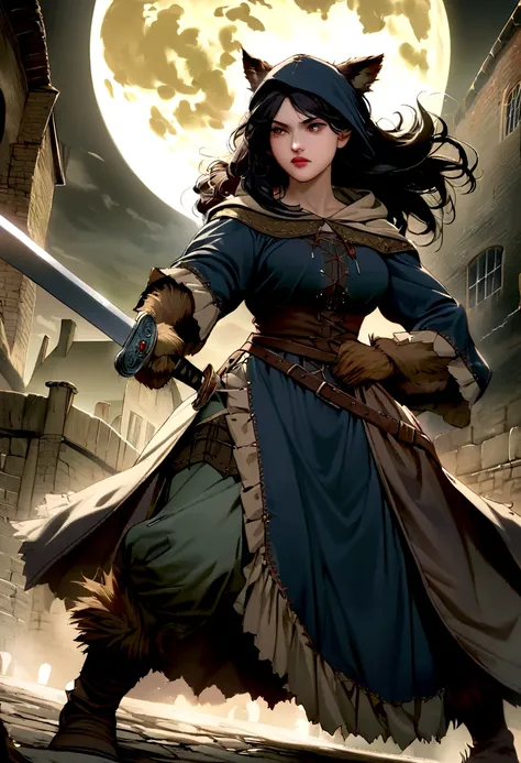 Girl with straight black hair in medieval clothing with hood holding two swords in hand attacking .werewolf. full moon in ancient london. High image resolution, very detailed 