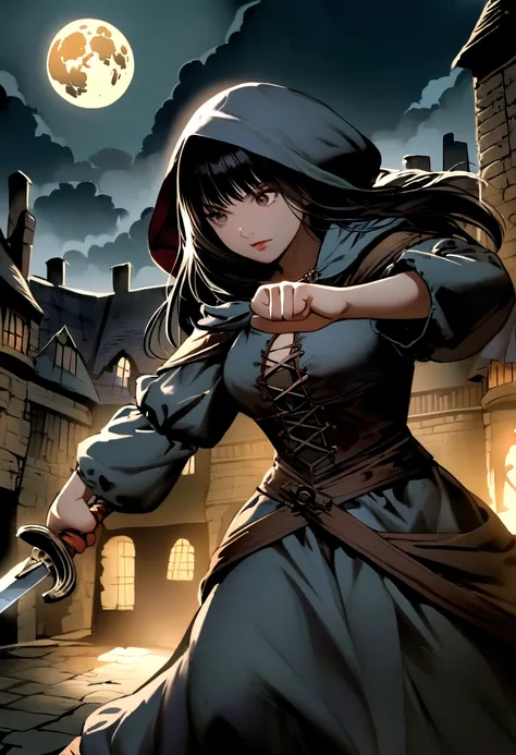 Girl with straight black hair in medieval clothing with hood holding two swords in hand attacking .werewolf. full moon in ancient london. High image resolution, very detailed 