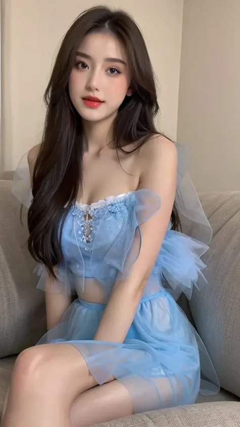 high quality,pretty girl,Sitting on the sofa，Blue tulle top,