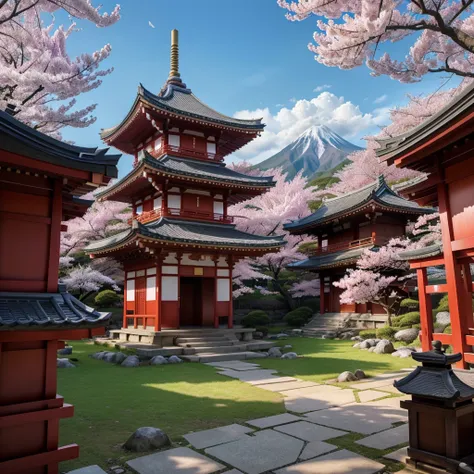 a beautiful Japanese landscape, detailed cherry blossoms, pagoda temple, mountains in the background, vibrant colors, cinematic lighting, intricate details, traditional Japanese art style, digital painting, highly detailed, masterpiece, photorealistic, 8k,...