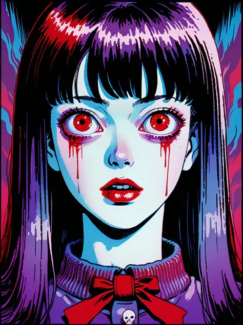 illust、art、from 80s horror movie, directed by Junji Ito、Serial killer、Killer、high detail, realsitic shadow、Analog style, vhs style, 8mm film, chromatic aberration, Dvd screengrab、Blue-purple and red-purple gradation、Surrealism