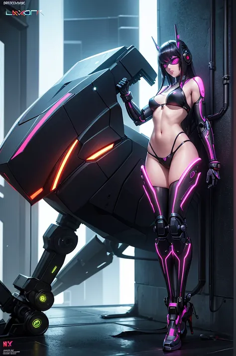 sexy pose, cyberpunk girl, skimpy colorful robot bikini thong, robot mask, futuristic, intricate details, mechanical elements, neon lights, dark atmosphere, glowing eyes, chrome, hyper-realistic, cinematic lighting, masterpiece, 8k, photorealistic