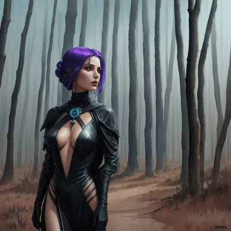 Dark fantasy woman necromancer, with deep v dress. Comic strip merges Mindbug flair with Dune aesthetic, Moebius draw, watercolor technique, foreground focus, desolate forest backdrop, futuristically functional attire, advanced survival technologies, mix f...