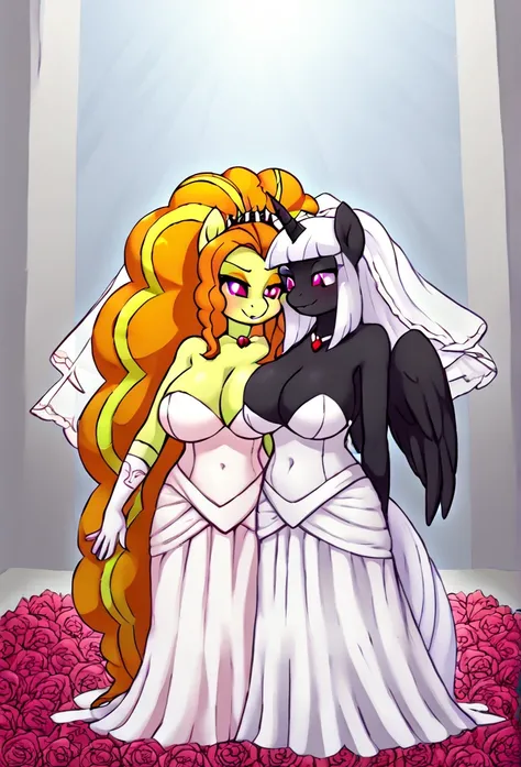  Alicorn princess female and Adagio Dazzle  , white mane, ,black body color  long flowing  mane pink  eyes anthro huge breasts  , lesbians sexy   ,perfect body shape, 
Wedding ,marriage wearing wedding dress