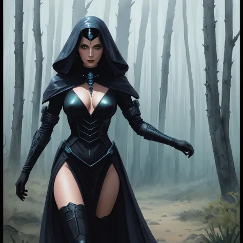 Dark fantasy woman necromancer, with deep v dress. Comic strip merges Mindbug flair with Dune aesthetic, Moebius draw, watercolor technique, foreground focus, desolate forest backdrop, futuristically functional attire, advanced survival technologies, mix f...