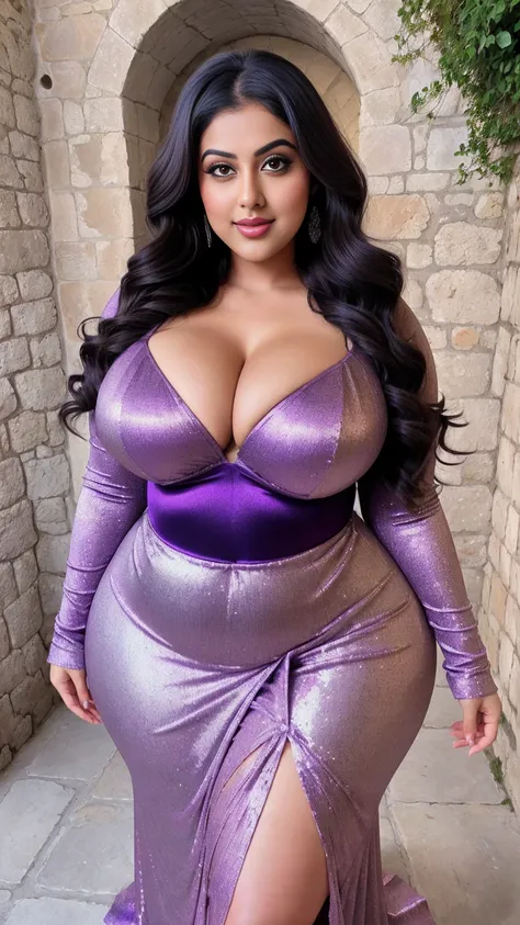 Indian gorgeous curvy plus size actress madhubala, glowing eyes, wearing Faeriesty Plus Mermaid Hem Sequin Formal Dress Color: Purple , covered Bust, parted lips, thick thighs, bigger waist, busty, curvy plus size body, full body, full body shot, head to t...