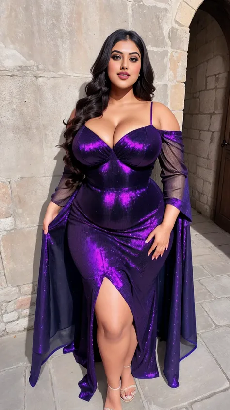 Indian gorgeous curvy plus size actress madhubala, glowing eyes, wearing Faeriesty Plus Mermaid Hem Sequin Formal Dress Color: Purple , covered Bust, parted lips, thick thighs, bigger waist, busty, curvy plus size body, full body, full body shot, head to t...