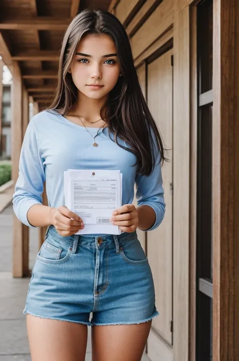 18 year old girl photo  her stand with 
handle documents 