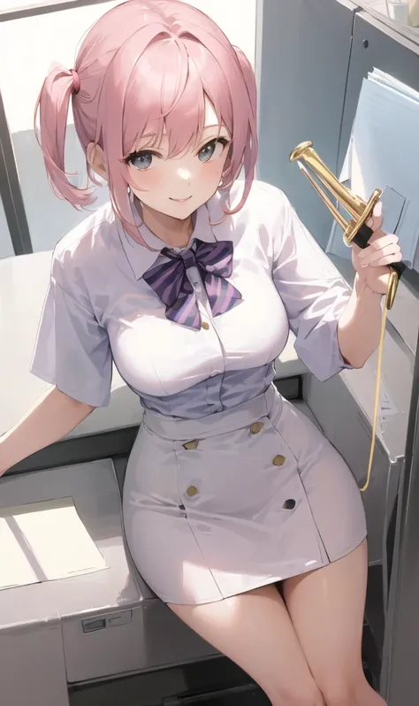 ((masterpiece, Best)), (1girl),（Sitting on the toilet） ，（Sticking your butt out），(mature woman), light pink hair, trumpet, ((office lady), bangs, mid-breasted, (full), slim, smile, [wide hips], office, standing, understood  (blue file),