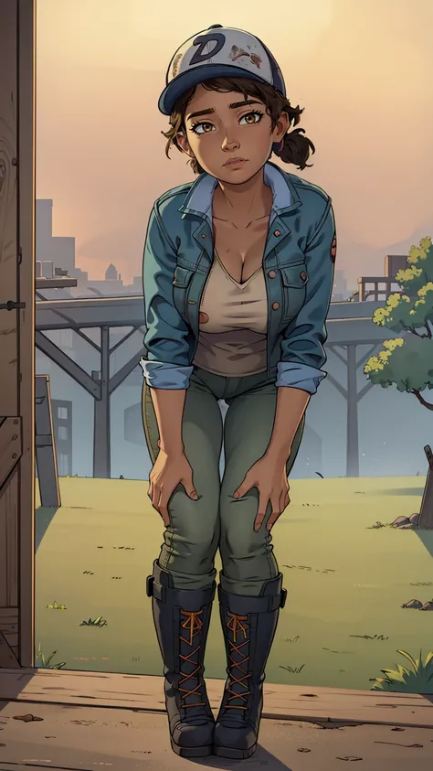 ((masterpiece, best quality)),(complex lighting) ,solo,(((1girl))) ,clementine, light skin,light-skinned female, baseball cap, green cargo pants, brown eyes, tight pants, combat boots, shirt, short hair, one short ponytail, open denim jacket, huge butt, th...