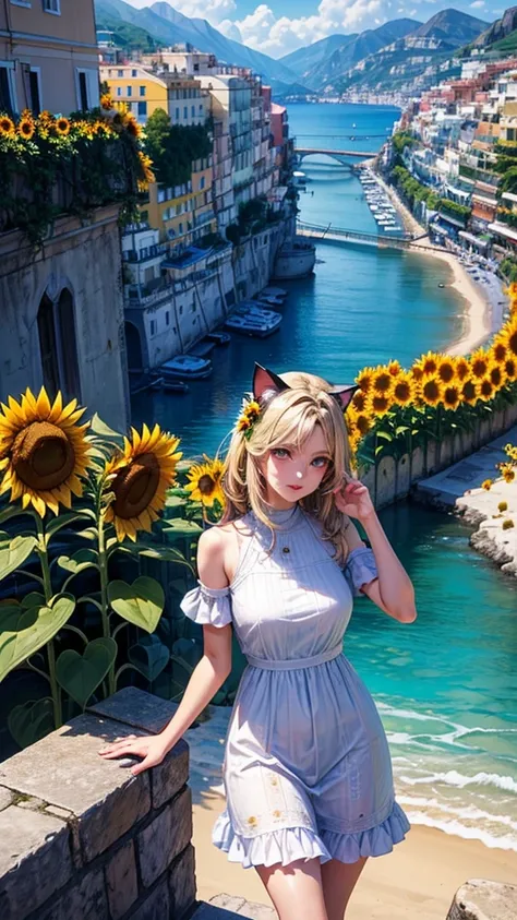 Beautiful girl walking seashore, 
the stunning Amalfi Coast in Italy, with viewers enjoying the traditional Italian lemon liqueur, Limoncello, in hand as they take in the breathtaking scenery,
Capture the picturesque coastal villages along the Amalfi Coast...