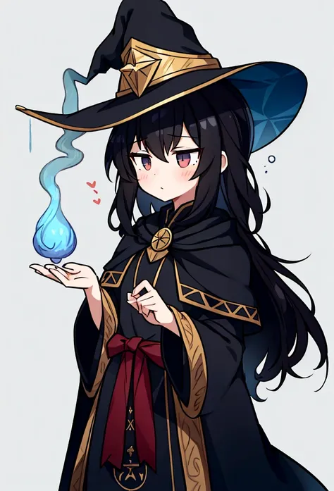 A girl with black hair, slightly long short hair, a wizard, wearing a wizards hat